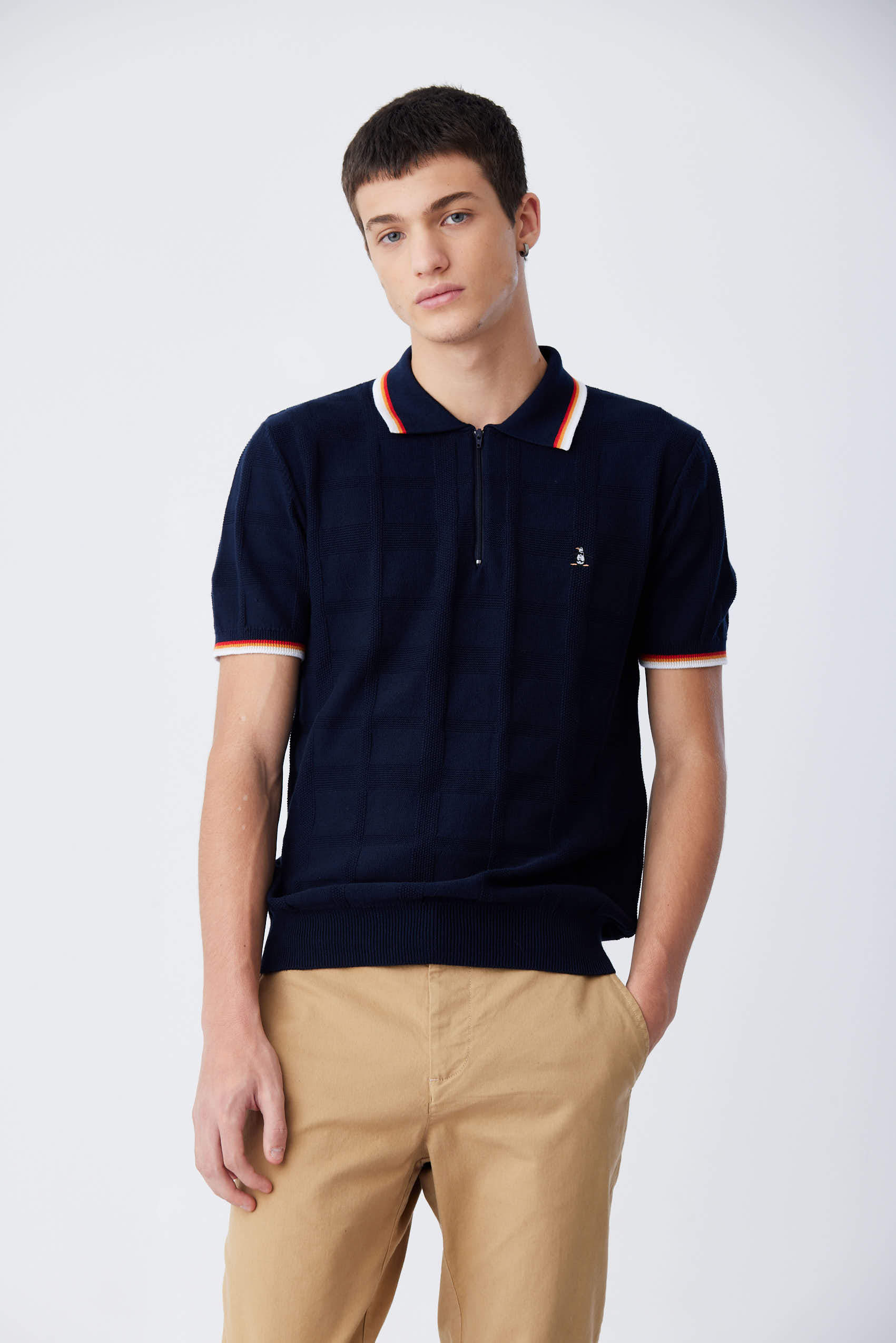 Knitted Zip Stripe Collar Polo